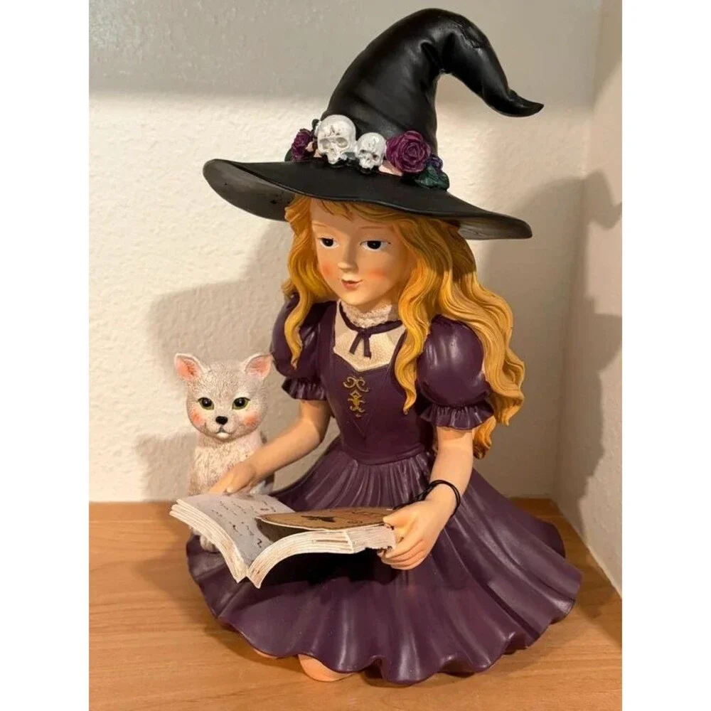 Halloween Witch Girl & Cat Reading Book Figurine Decor NWT